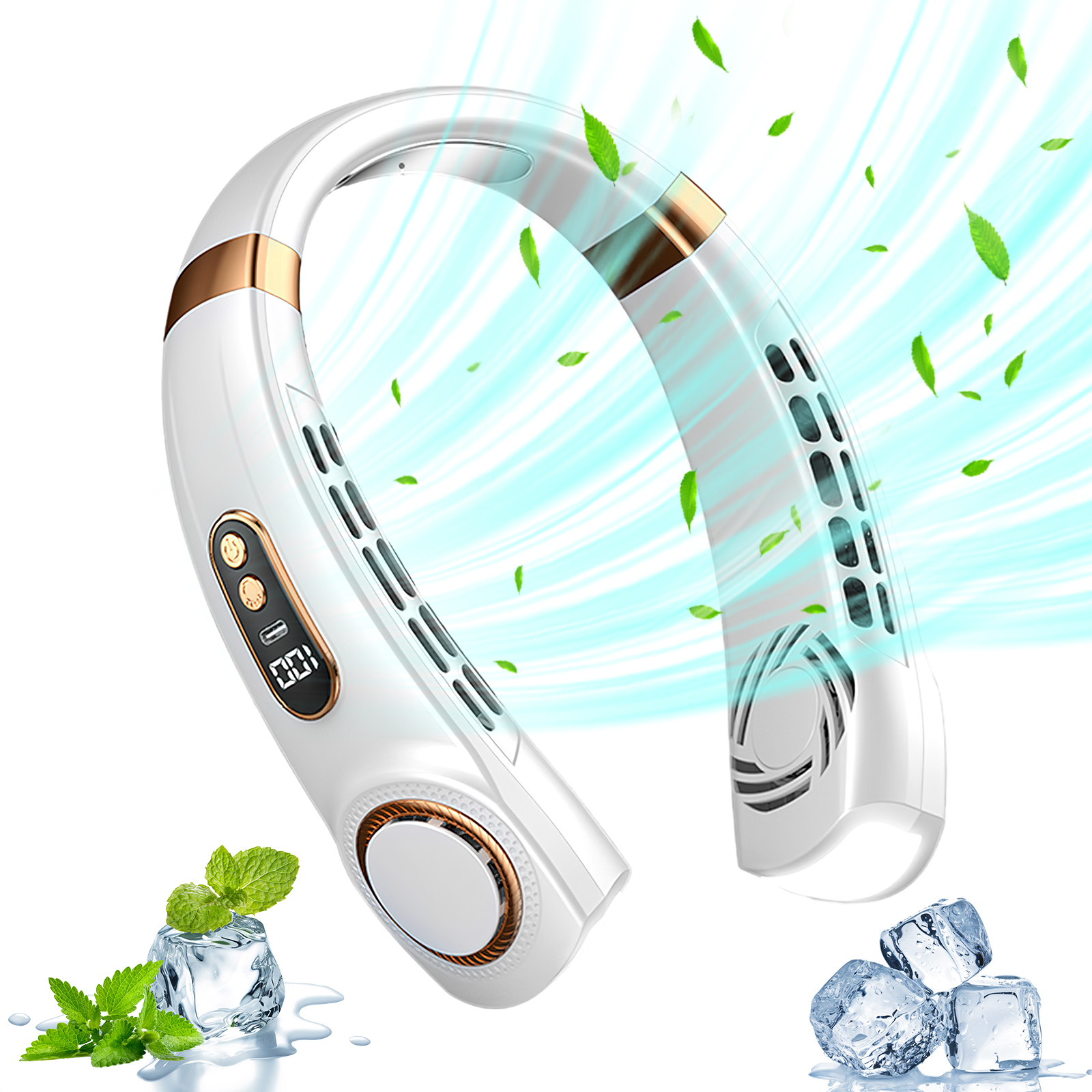 Hanging Neck Fan Digital Display 1500mAh Bladeless Neckband Fan Portable Mini Air Cooler USB Rechargeable Silent Electric Fans